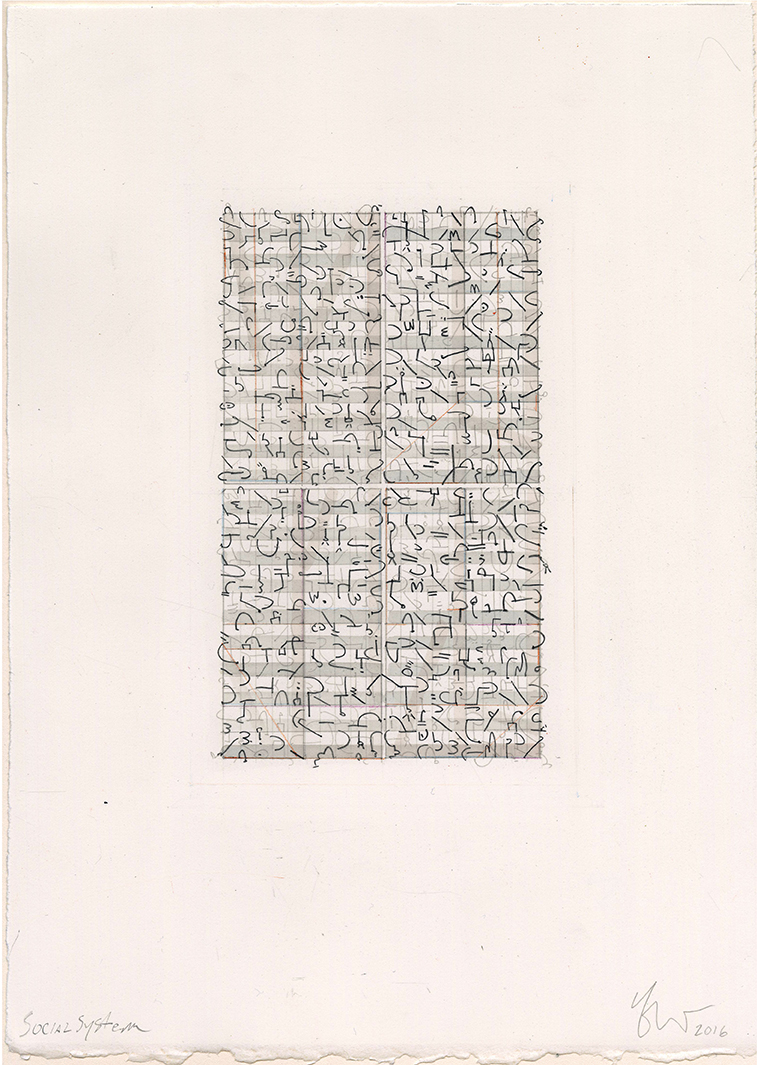 Abstract black squiggly shapes on top of intersecting green vertical and horizontal lines