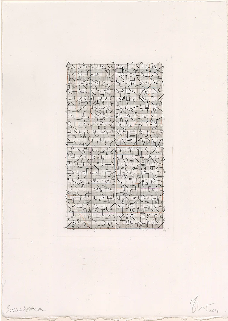 Abstract black squiggly shapes on top of intersecting green vertical and horizontal lines