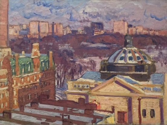 Painting of a view out a window: building with dome roof on right, brick buildings on left, park in distance. 