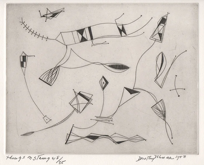 Engraving of abstract shapes in black attached to strings, like kites