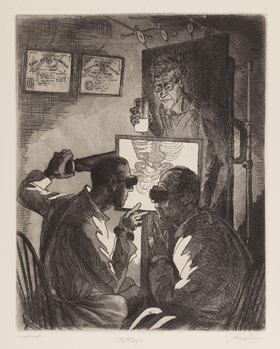 Etching of two doctors performing an x-ray on a man,  who is standing