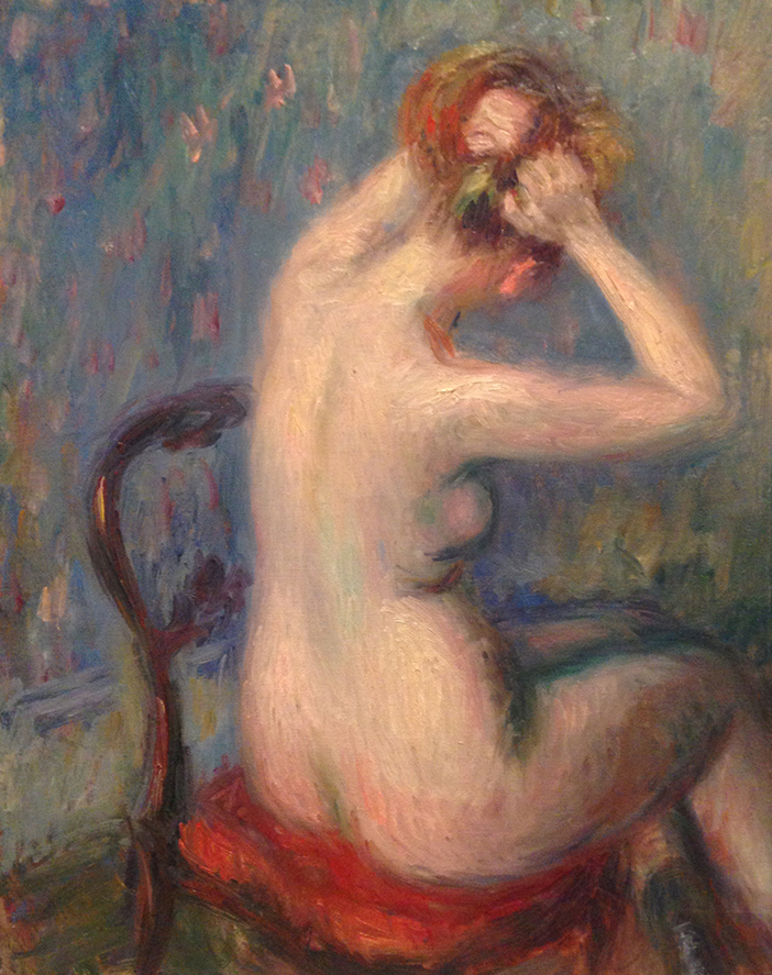 Pastel of nude woman facing a wall doing her hair in a wood chair with red cushion