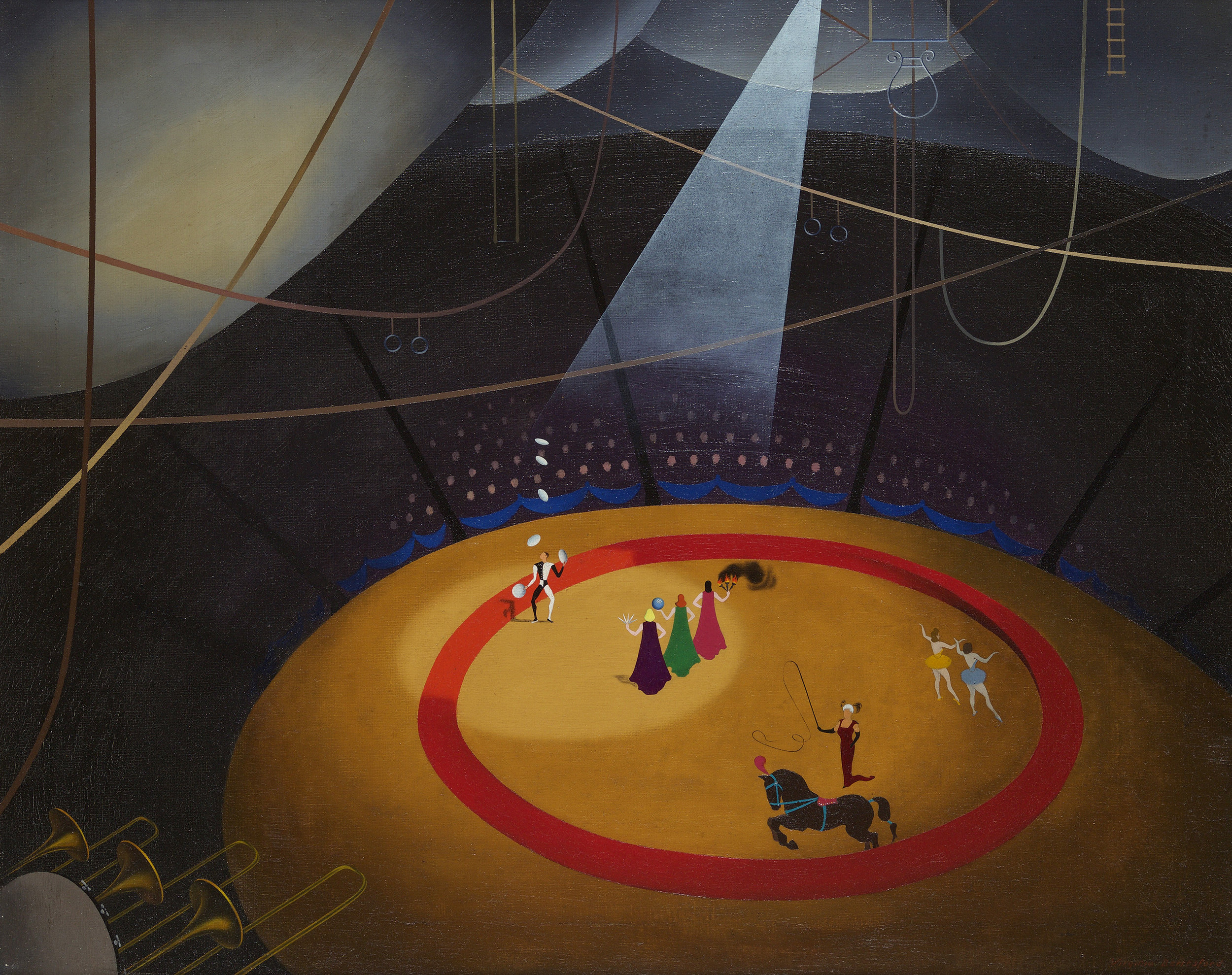 Drawing of circus with red ring in center, spotlight cast on figures in circle, ropes