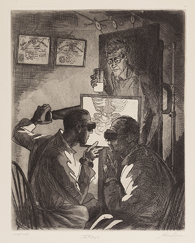 Etching of two doctors performing an x-ray on a man, who is standing