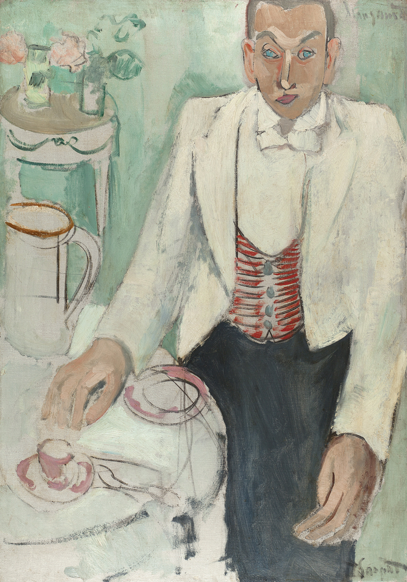 Drawing of man in white jacket at table with cup