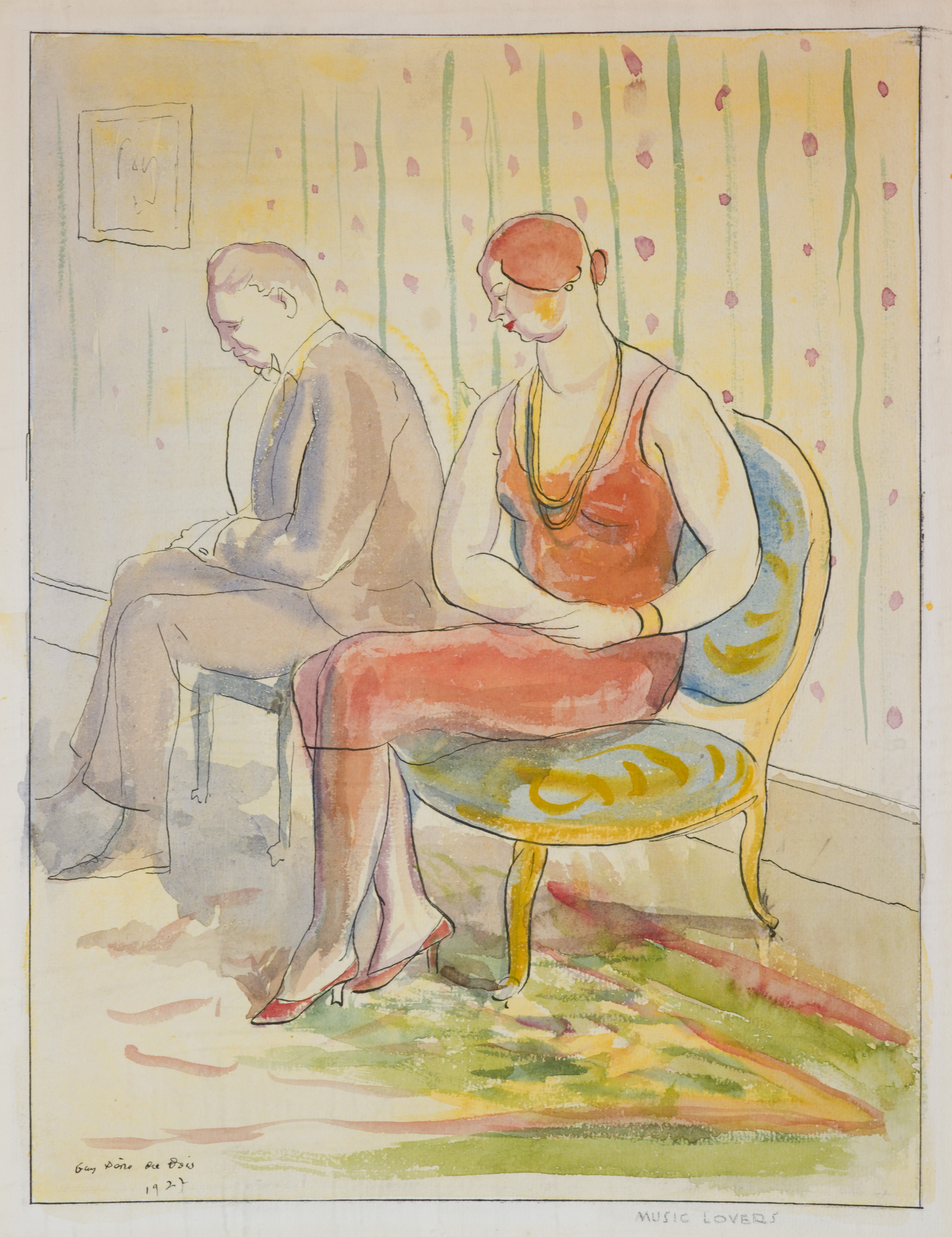 Drawing and watercolor of two figures sitting on chairs- a man in grey and a woman in red with green carpet