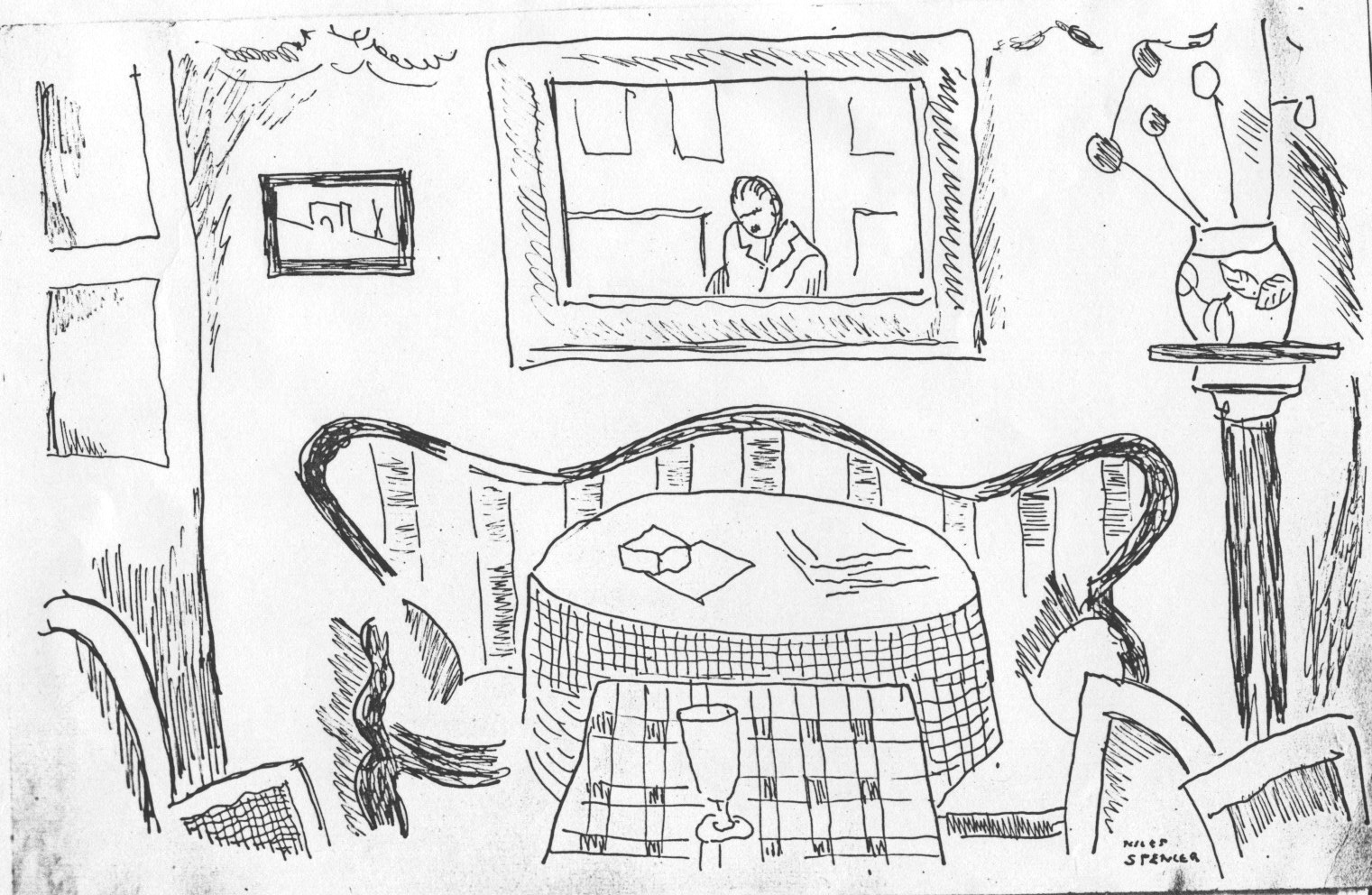 Ink drawing of room with couch, round table, square table, glass, vase, chairs, and mirror with reflection of the artist