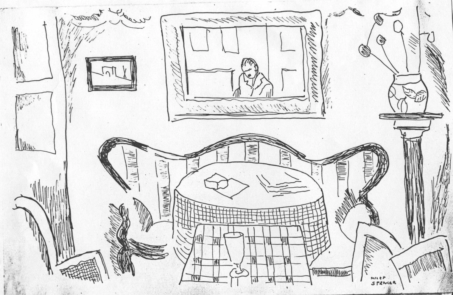 Ink drawing of room with couch, round table, square table, glass, vase, chairs, and mirror with reflection of the artist