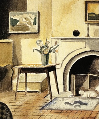 Watercolor of room with table, vase containing flowers, fireplace, and cat (yellow hue)