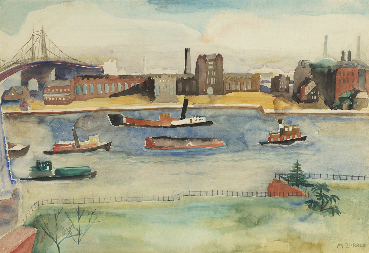 Watercolor of the East River with boats in water, factory across water, and bridge on the left