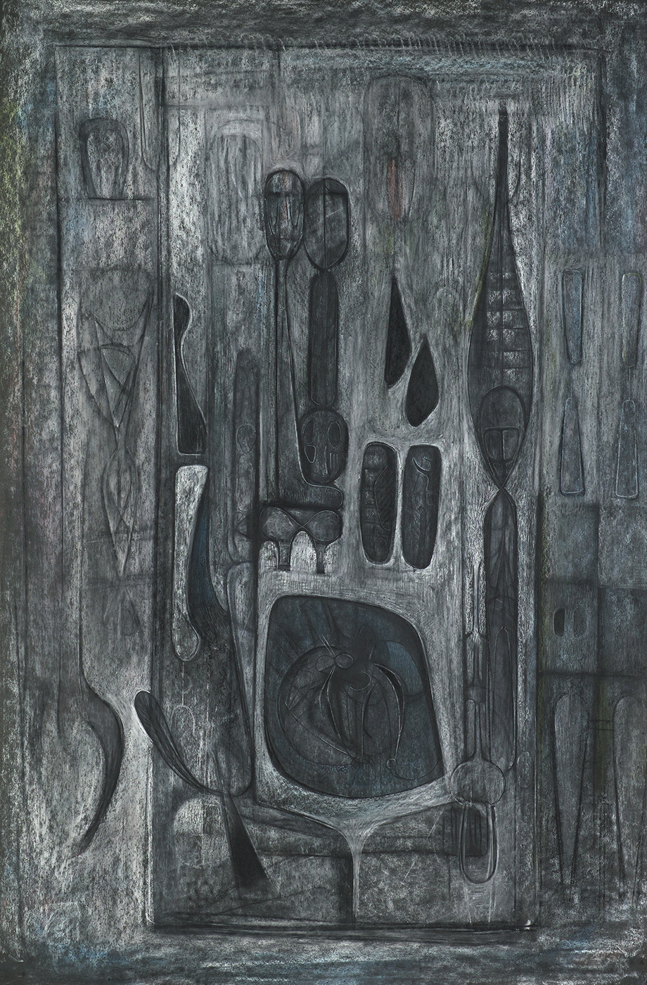 Dark abstract pastel of totem-looking shapes on grey background