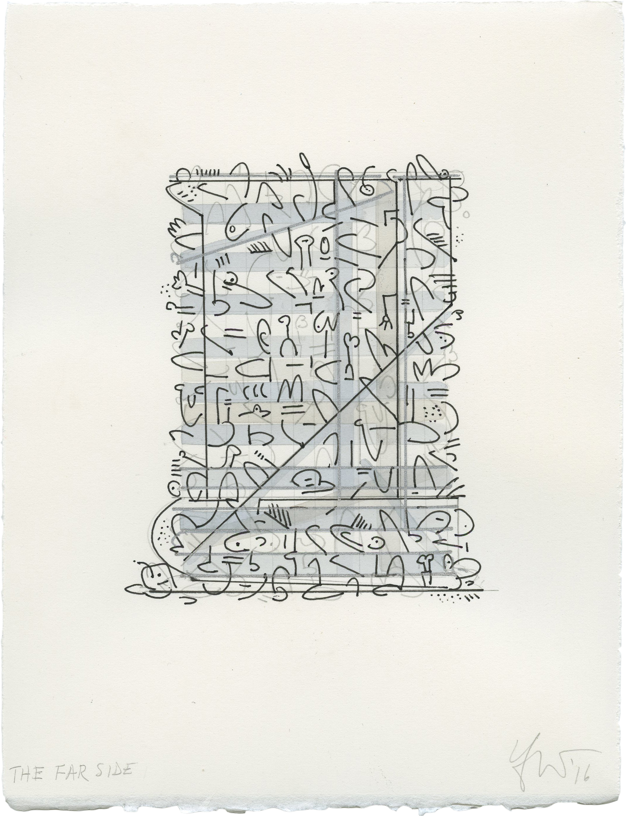 Abstract black squiggly shapes on top of intersecting blue vertical and horizontal lines with a diagonal black line across the work