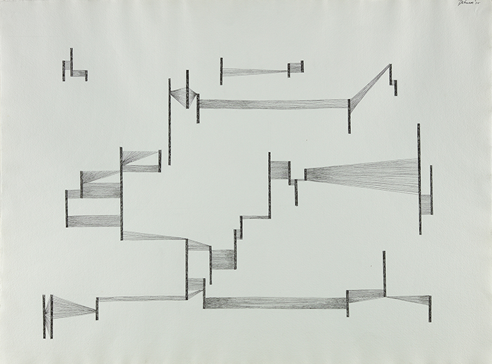 Abstract ink drawing of vertical lines connected horizontally with lighter lines