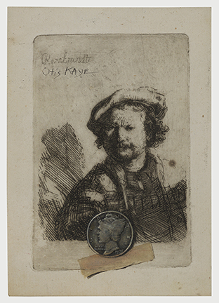 Drawing of Rembrandt with a dime taped to the drawing