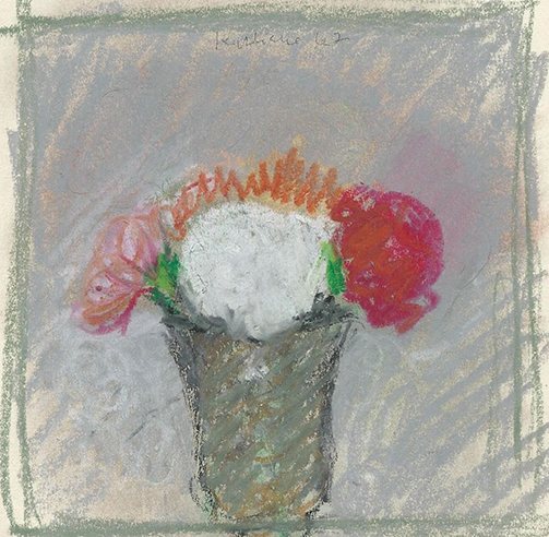 Robert Kulicke, Pink, White, and Red Flowers in a Grey vase against a grey background with pink, orange, white, and red flowers