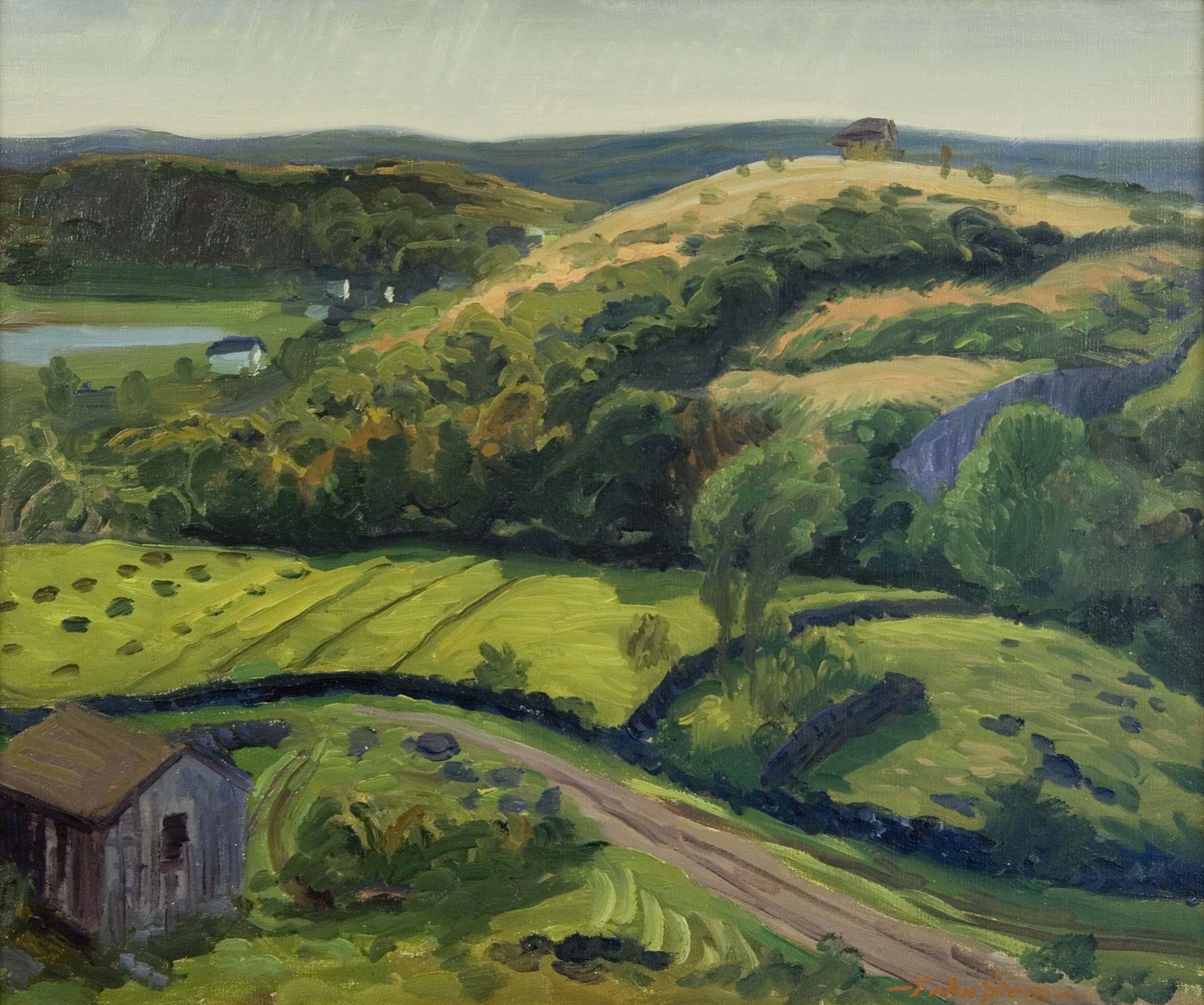 Painting of green valley (hills, field, trees, home on bottom left)