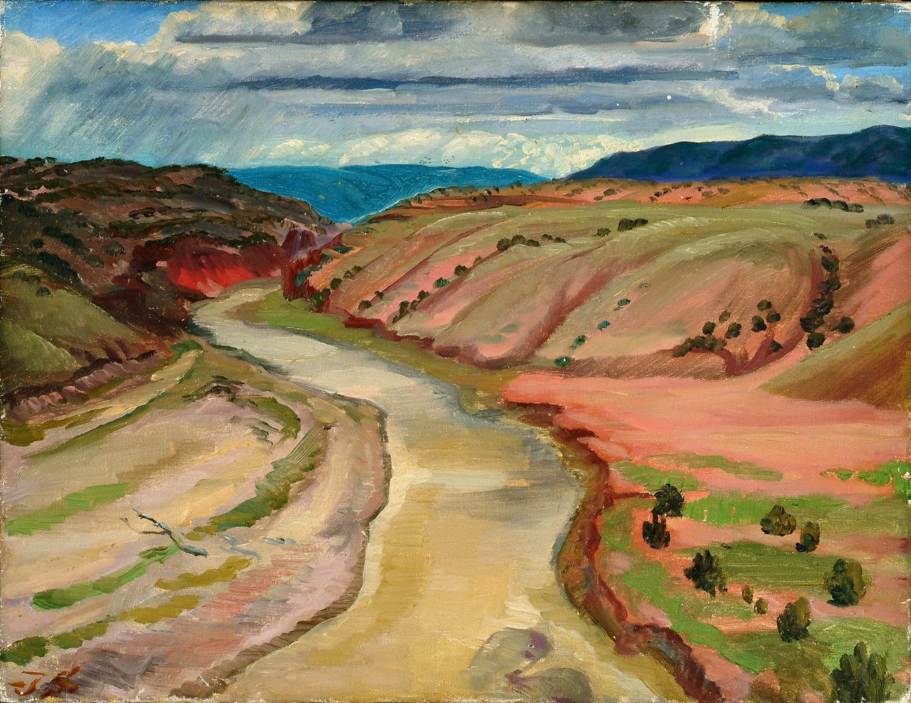 Painting of beige river running between two hills (pink on left, red on right) with blue hills in background