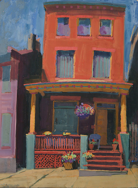 Painting of red house, yellow pillars, red porch, and flowerpots on porch