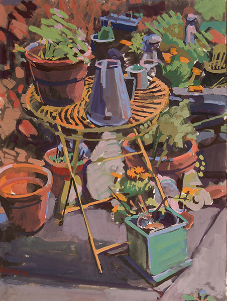 Painting of yellow round metal table with flower pots on top and plants in pots to the right