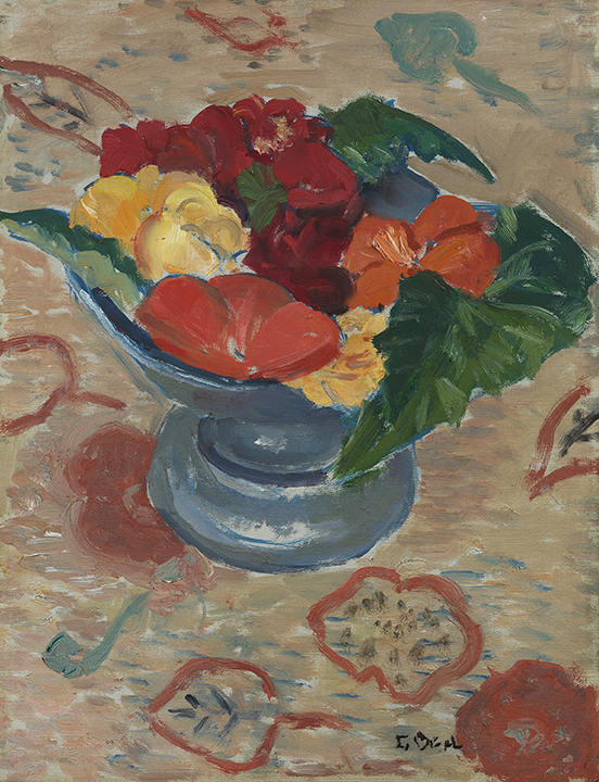 Painting of red, orange, yellow petunias in blue vase