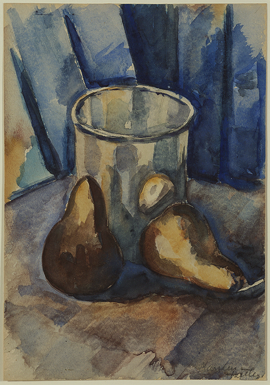 Painting of a glass and two pears against blue background