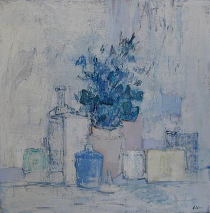 Painting of blue foliage in a vase surrounded by jars