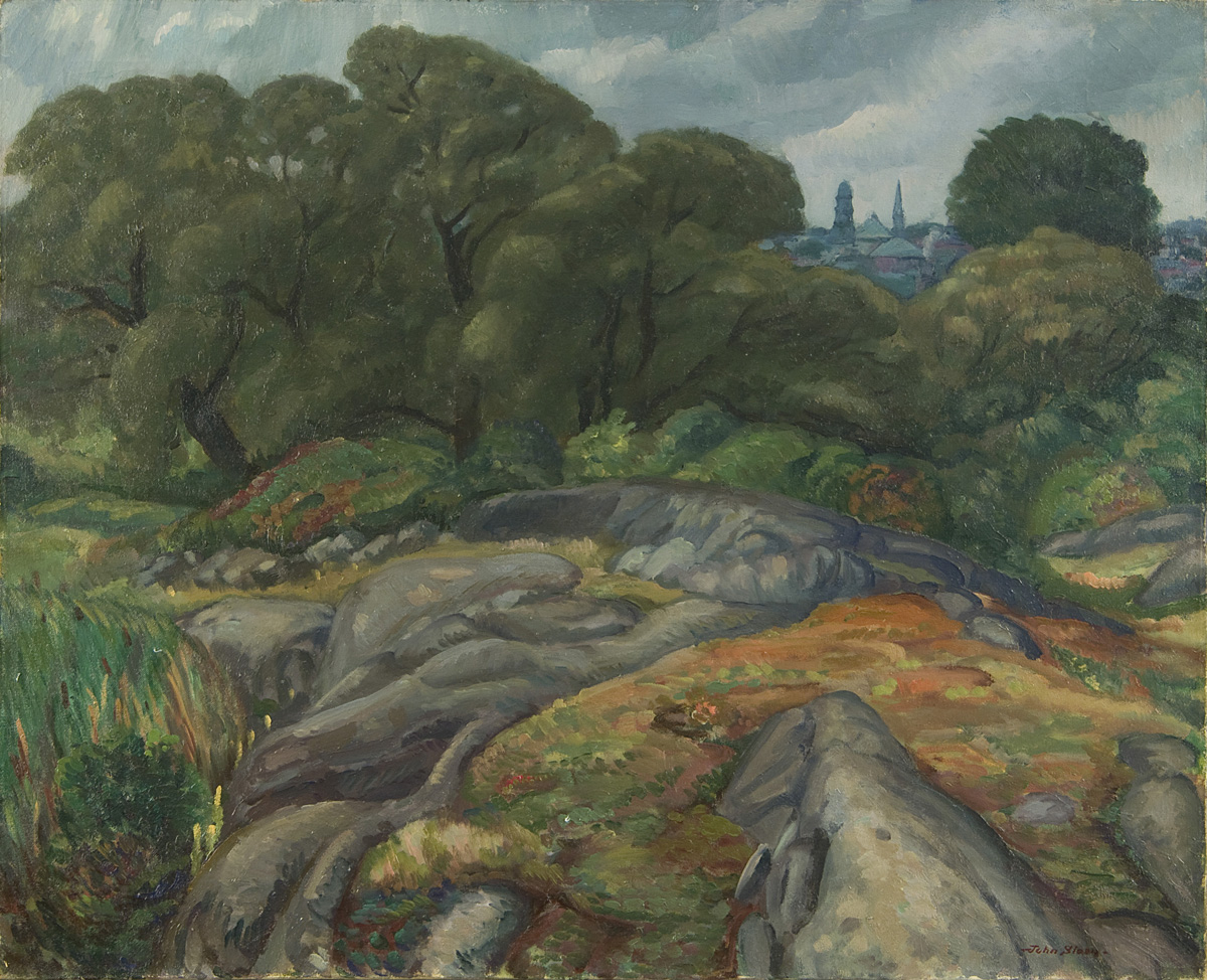 Painting of rocks and trees with buildings visible through trees on top right