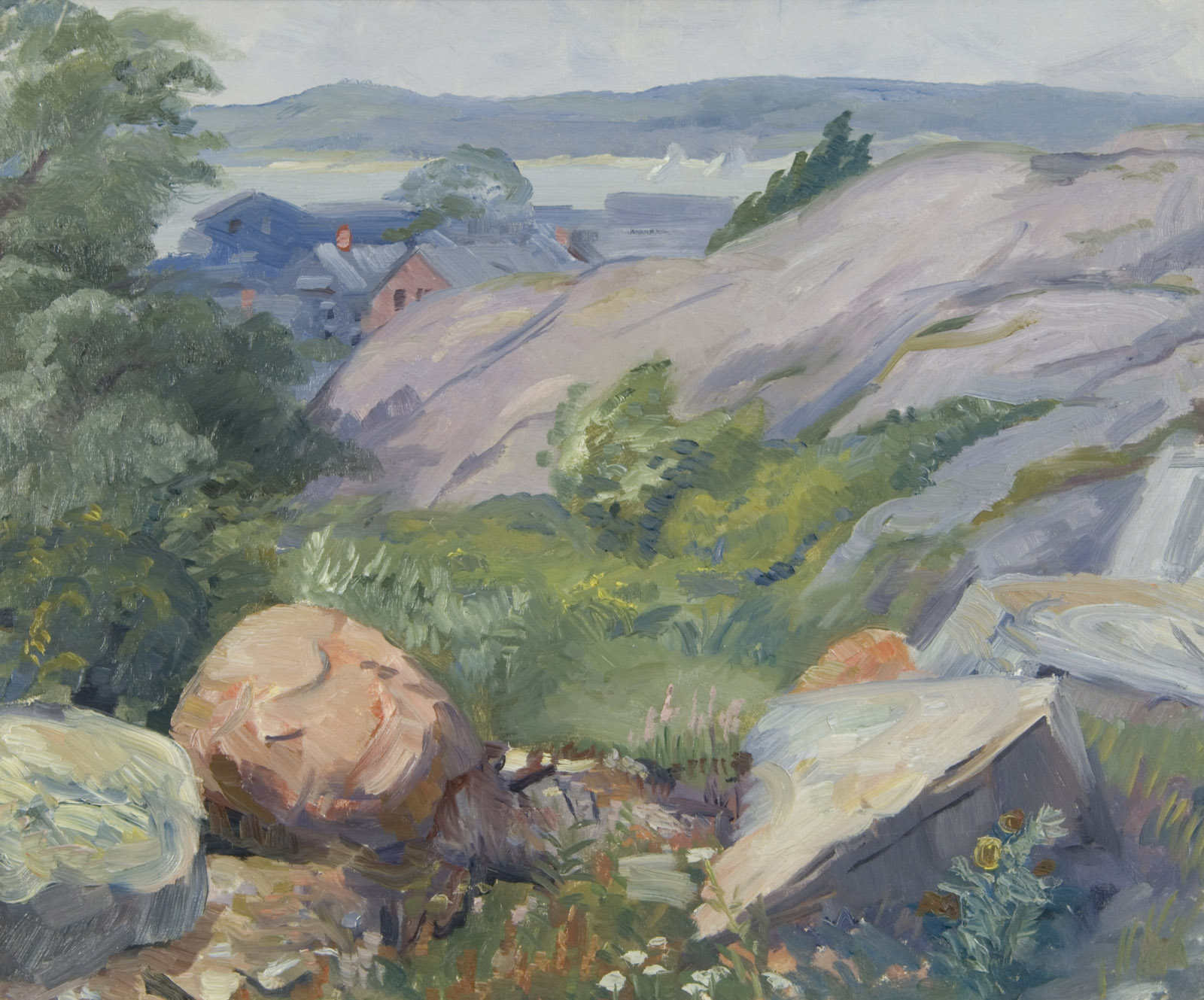 Painting of rocks, vegetation, trees on left, and houses in background