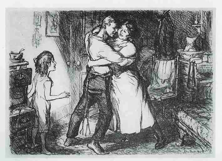 Etching of man and white dancing in their living room in from of their child