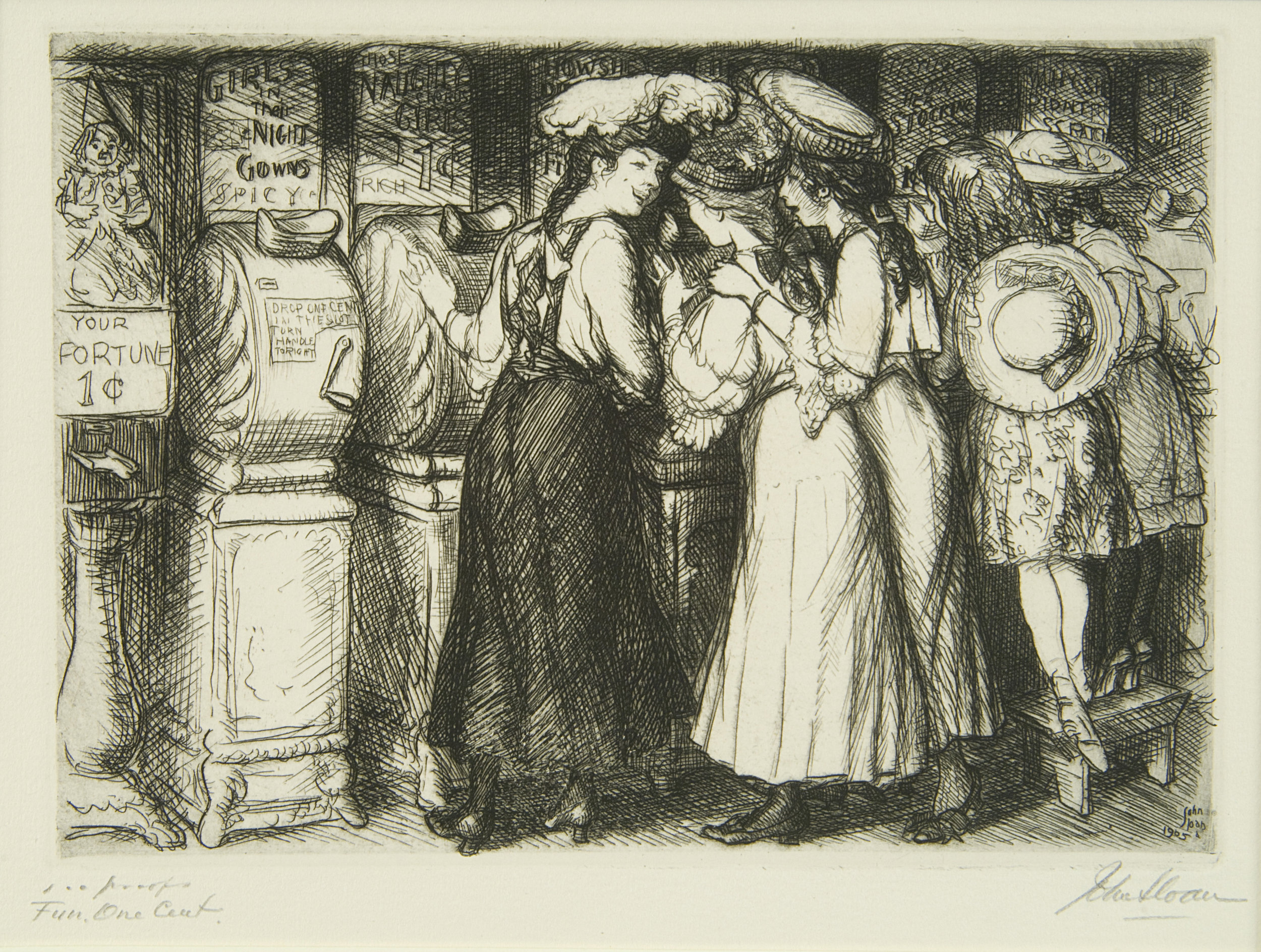Etching of women looking at naughty images in a one-cent machine