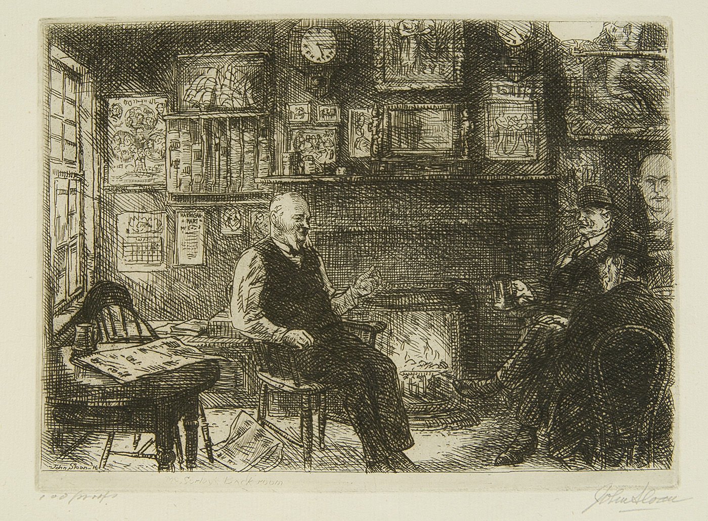 Etching of three men sitting and drinking by a fire