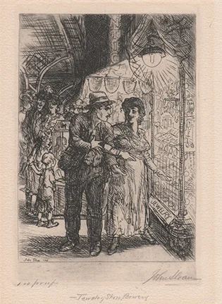 Couple looking into jewelry store window at night (lamp post above head)