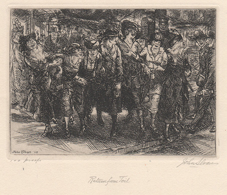 Etching of people going home after work