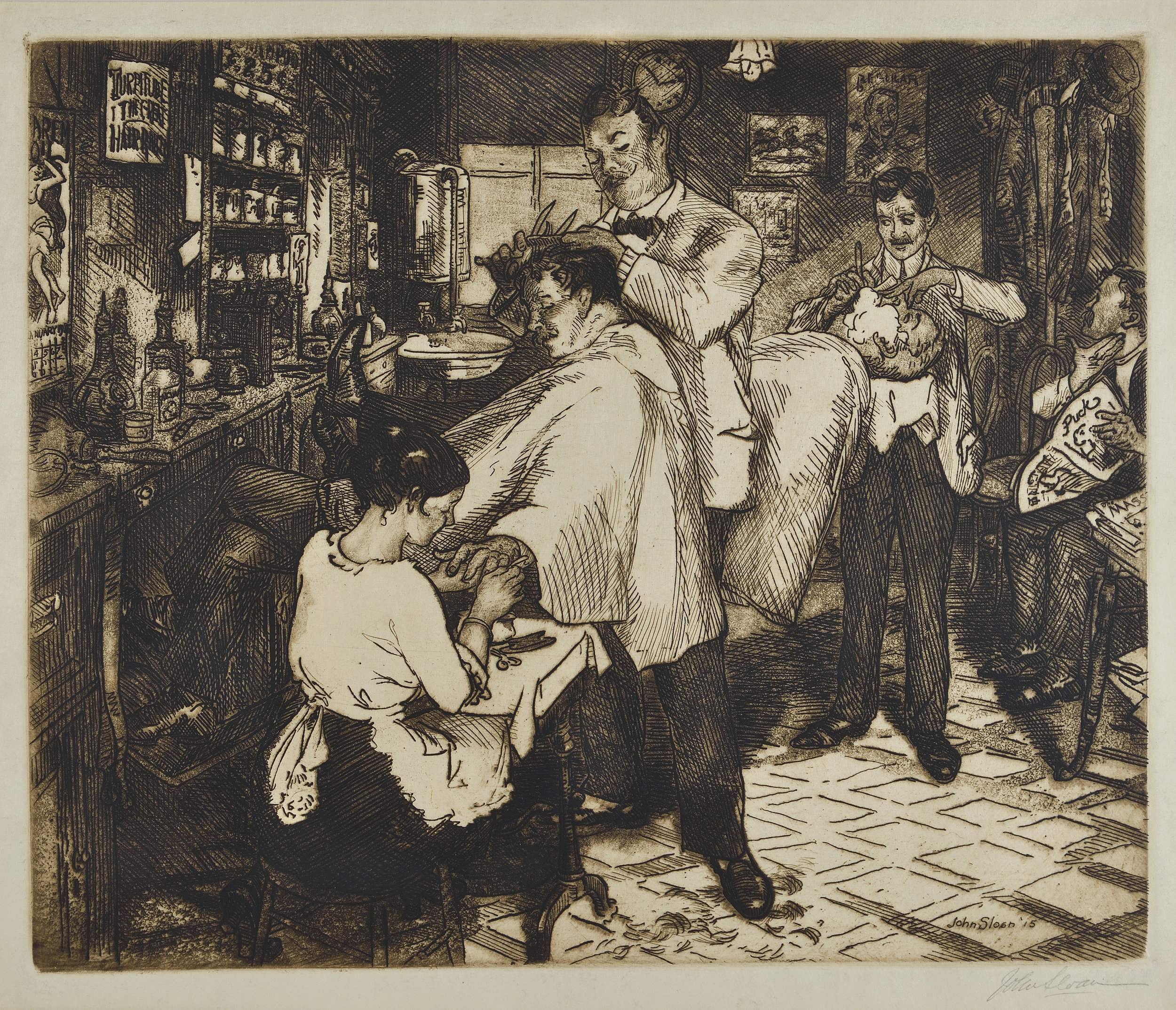 Etching of man getting a haircut at a barbershop and having his nails done. In the background a man is having a shave and a man is waiting for his appointment