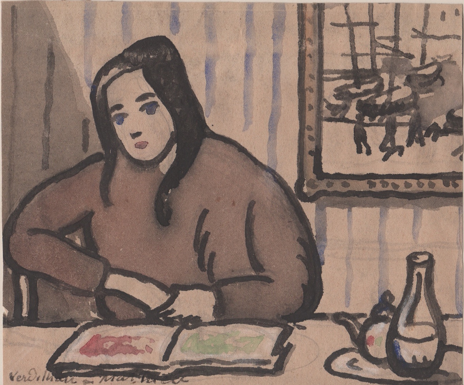 Watercolor of a woman sitting at a table with a tea pot and a pitcher next to her. Striped wallpaper and framed photo in background.
