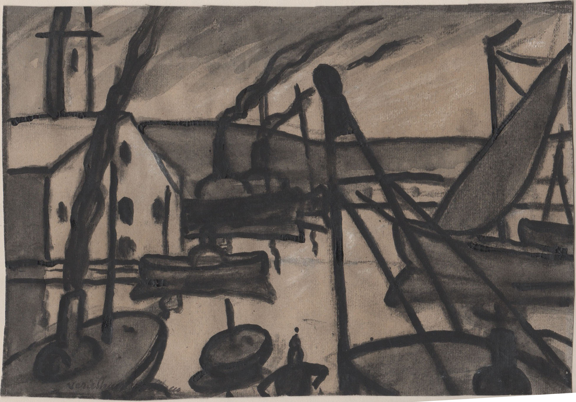 Ink wash and graphite boats on water with a house on the left