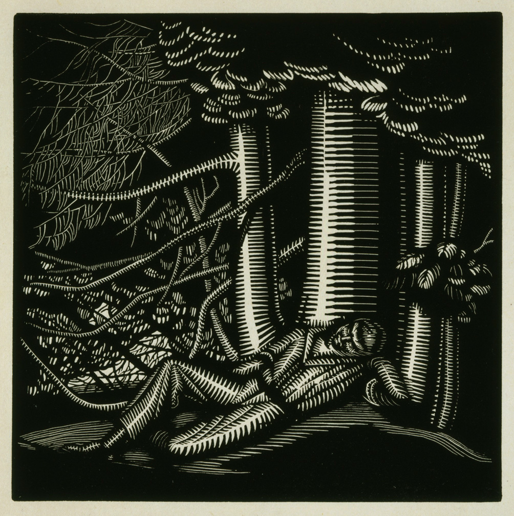 Woodcut of reclining man under a tree (comb tooth lines for man and tree)