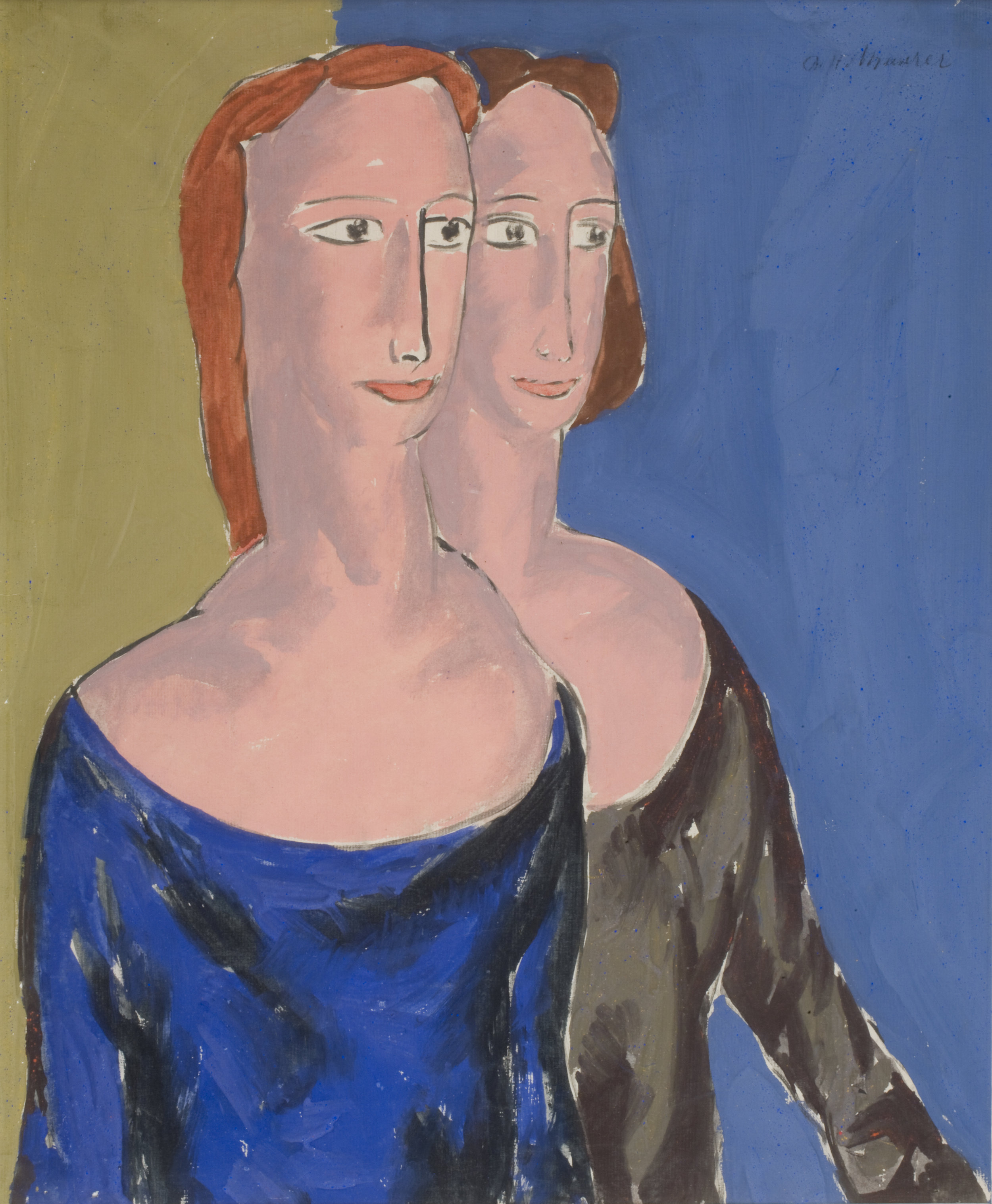 Painting of two women with red hair overlapping, one wearing a blue dress and one wearing a black dress. Green background on left, blue on left.
