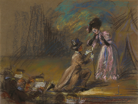 Pastel of man and woman on stage with figures sitting in foreground. Man is on knees wearing top hat and woman is wearing fancy pink dress