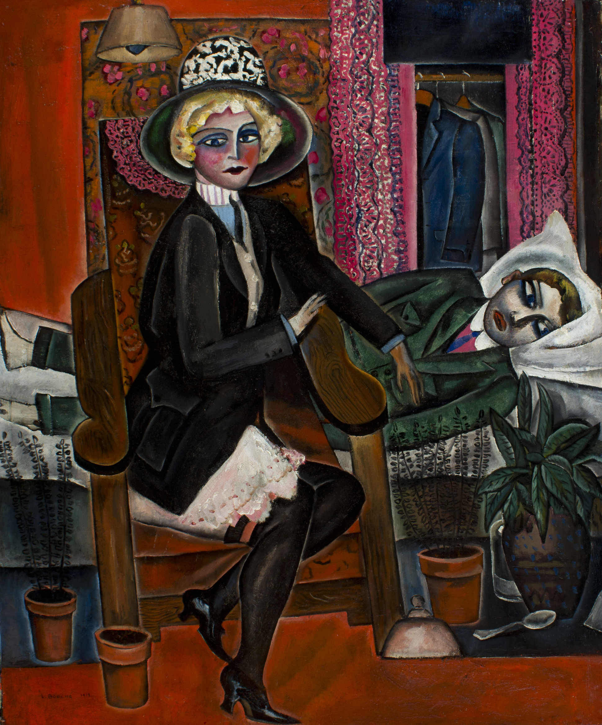 Painting of a woman lying in bed and a woman (in a hat) sitting in a chair next to the bed. Red and pink background.