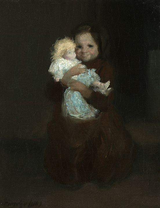 Painting of child holding doll in blue dress on black background