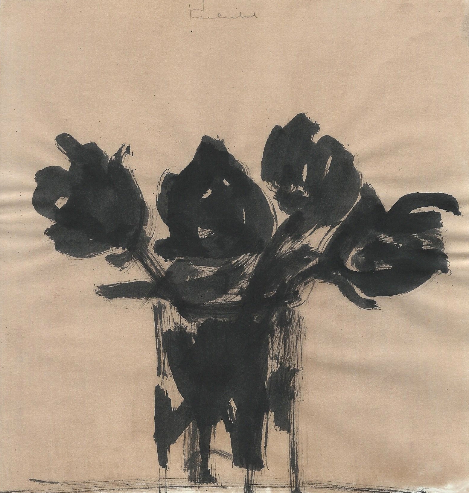 Watercolor of four black flowers in a vase