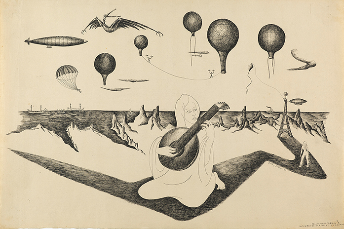 Ink drawing of woman (Ashraf) playing a dithyramb&nbsp;with mountains behind her and balloons above