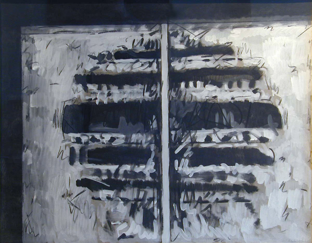 Abstract work on paper (white vertical line down middle, blue horizontal shapes coming out from central line)