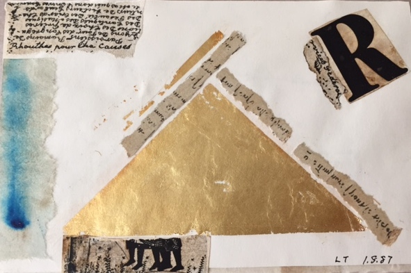 Collage of gold pyramid, clippings of text-covered paper, and blue on the left
