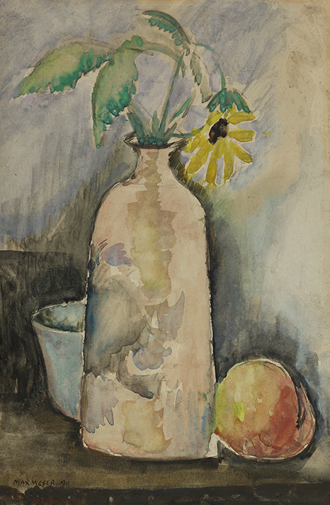 Still life painting of a daisy in a bottle with a peach on the right