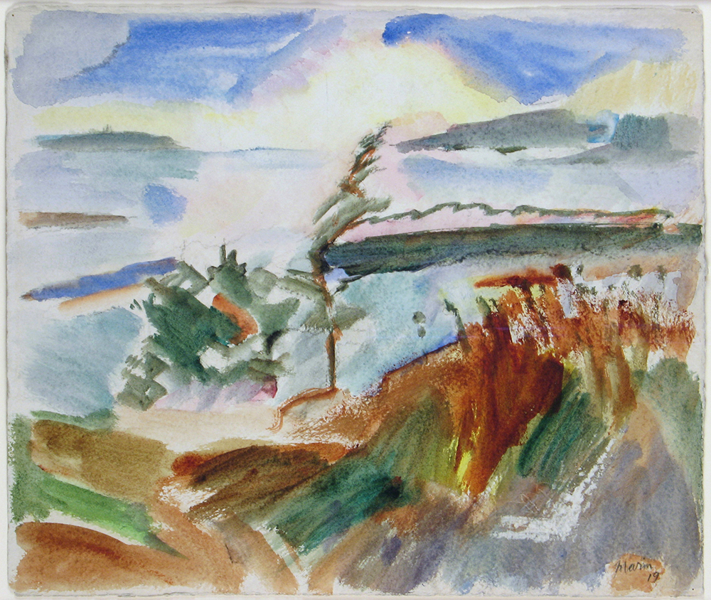 Abstract watercolor of mountains, trees, grass, water on Deer Isle, Maine