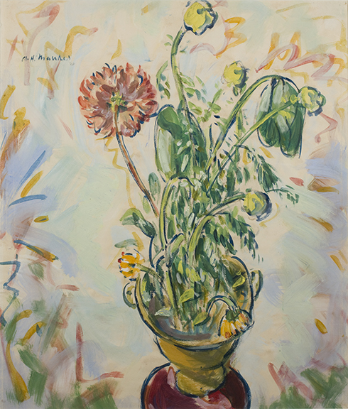 Painting of yellow and red flowers in yellow vase