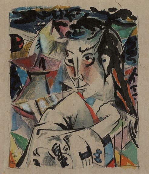 Watercolor of a figure wearing a kimono with geometric colorful background (triangles of blue, orange, yellow, red, green)