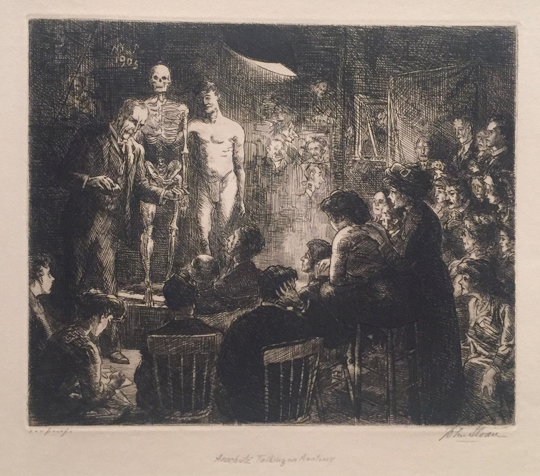 Etching of a man presenting a skeleton and a man in a sheath while a crowd watches